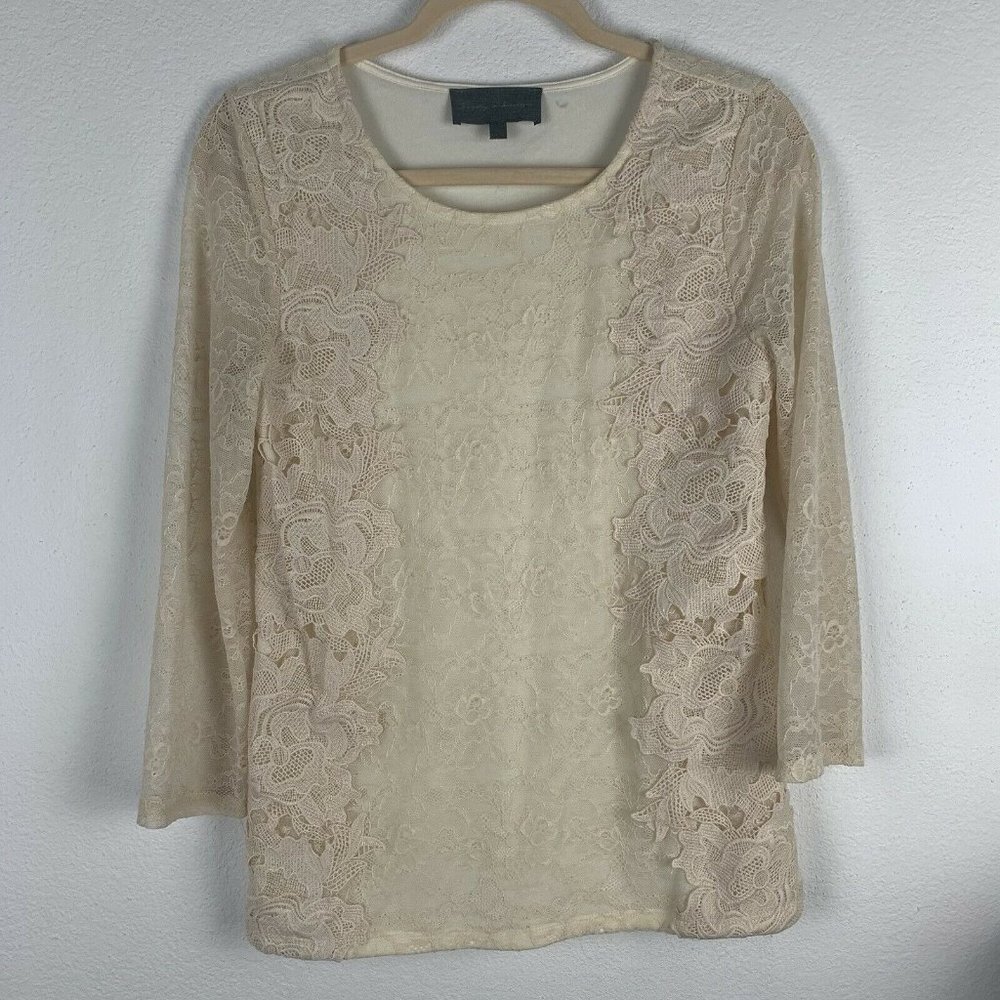 Sunday In Brooklyn Anthropologie Womens S Ivory Cream Lace 3/4 Sleeve Top Blouse